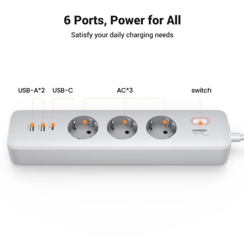  Πολύπριζο Ασφαλείας UGREEN CD286 25357 6 Θέσεων GaN PD 30W 2m