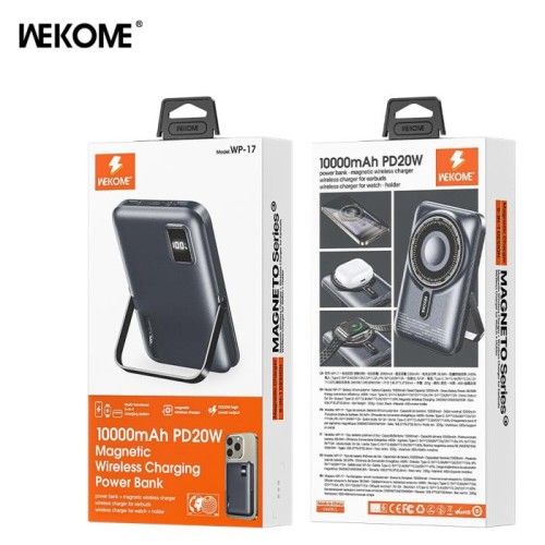 Power Bank 10000mAh PD 20W WK WP-17 1 Θέσης, με Ασύρματη Φόρτιση Magnetic Γκρι