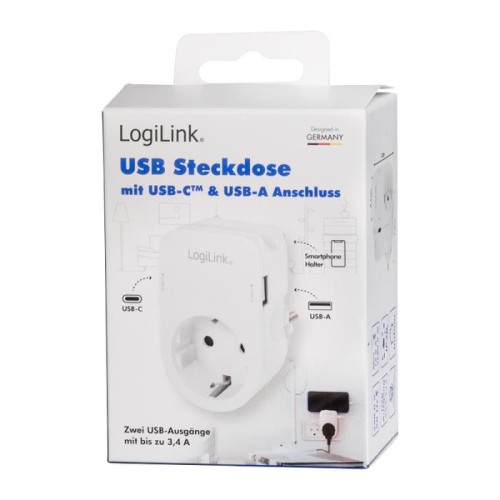 Πρίζα Ασφαλείας LogiLink PA0259, με 1 Θύρα USB & 1 Θύρα USB-C