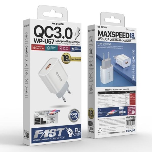 Φορτιστής Σπιτιού 18W WK WP-U57, με καλώδιο Micro USB Λευκό