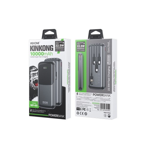 Power Bank 10000mAh PD 22,5W WK WP-65 2 Θέσεων, με καλώδιο USB-C/Lightning/Micro/USB Μαύρο