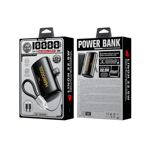 Power Bank 10000mAh PD 22,5W WK WP-113 2 Θέσεων, με καλώδιο USB-C/Lightning Μαύρο