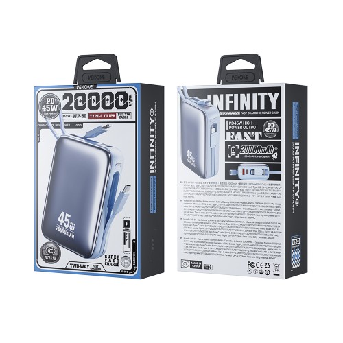 Power Bank 20000mAh PD 45W WK WP-50 2 Θέσεων, με καλώδιο USB-C/Lightning Μπλέ