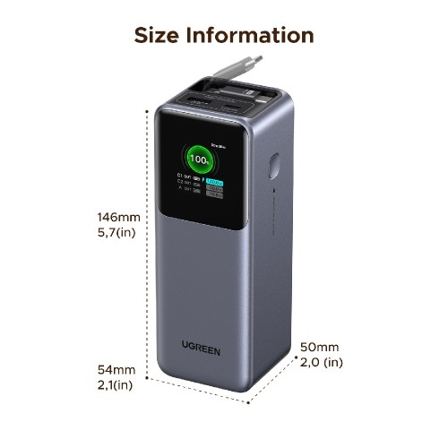 Power Bank 20000mAh PD 165W UGREEN PB726 55987B 2 Θέσεων, με καλώδιo USB-C 240W Γκρι