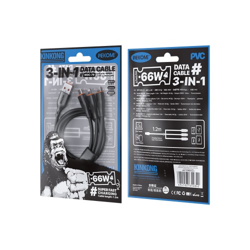 Καλώδιο Φόρτισης WK WDC-79 3 σε 1 PD 66W 1.2m Μαύρο