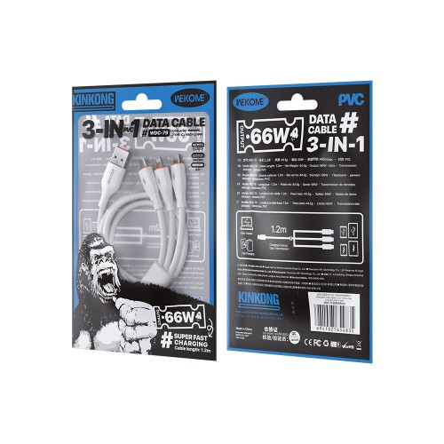 Καλώδιο Φόρτισης WK WDC-79 3 σε 1 PD 66W 1.2m Λευκό