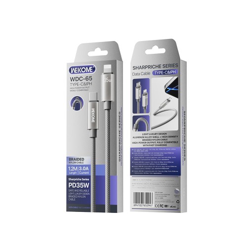 Καλώδιο Φόρτισης WK WDC-65 USB-C σε Lightning PD 35W 1.2m Γκρι