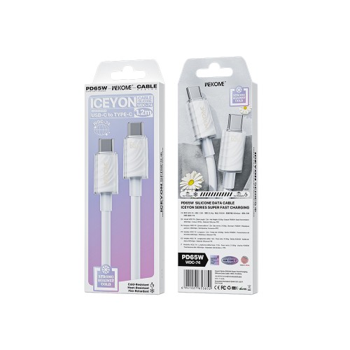 Καλώδιο Φόρτισης WK WDC-74 USB-C σε USB-C PD 65W 1.2m Λευκό