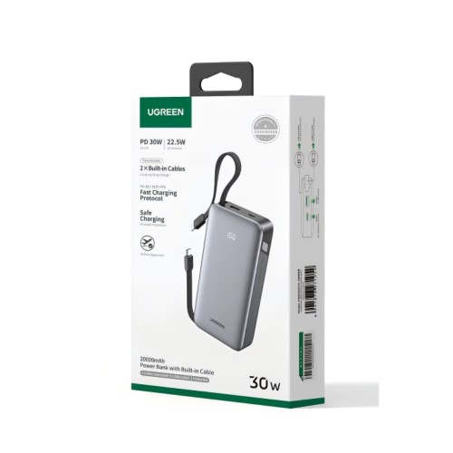 Power Bank 20000mAh PD 30W UGREEN PB528 55985B 2 Θέσεων, με 2 καλώδια USB-C Γκρι