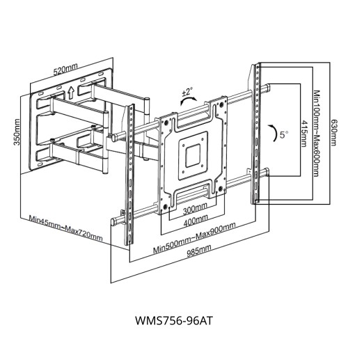 Βάση Τηλεόρασης Επιτοίχια Focus Mount WMS756-96AT 50"-100" έως 100kg