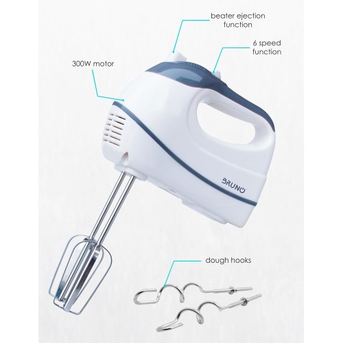 BRUNO μίξερ χειρός, 6 ταχύτητες BRN-0014, 20cm αναδευτήρες & ζυμωτήρες, 300W