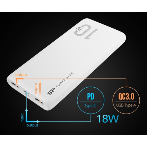 SILICON POWER power bank QP15, 10000mAh, 2x USB & USB Type-C, 3A, λευκό
