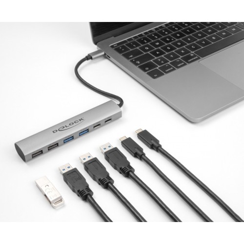 DELOCK USB hub 64232, 6x θυρών, 10Gbps, USB-C σύνδεση, γκρι