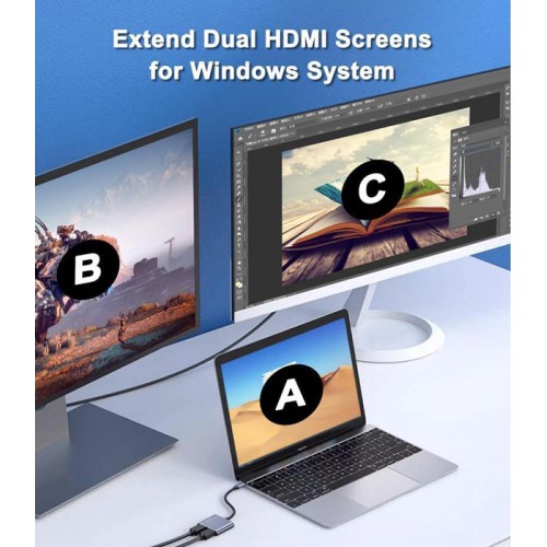 POWERTECH docking station CAB-UC083, 2 θυρών HDMI, USB-C, 4K, γκρι