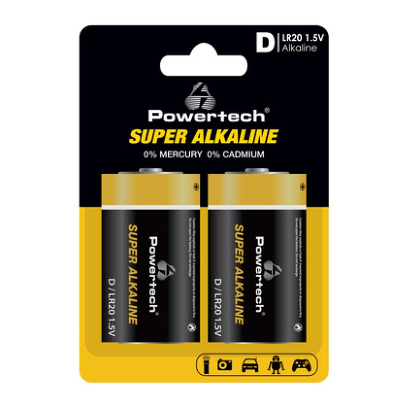 POWERTECH αλκαλικές μπαταρίες Super Alkaline PT-1217, LR20, 1.5V, 2τμχ