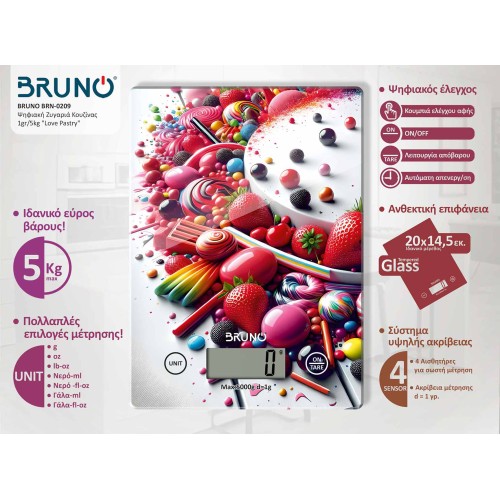 BRUNO ψηφιακή ζυγαριά κουζίνας BRN-0209, 1gr/5kg, Love Pastry