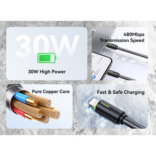 USAMS καλώδιο Lightning σε USB-C US-SJ735, 30W, 480Mbps, 1m, λευκό