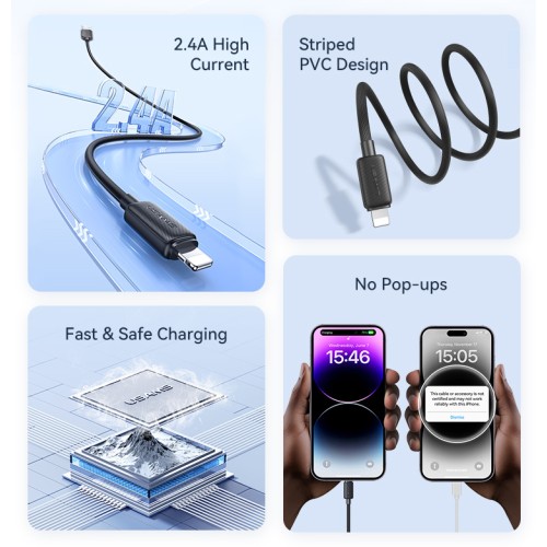 USAMS καλώδιο Lightning σε USB US-SJ689, 2.4A, 480Mbps, 1m, μαύρο