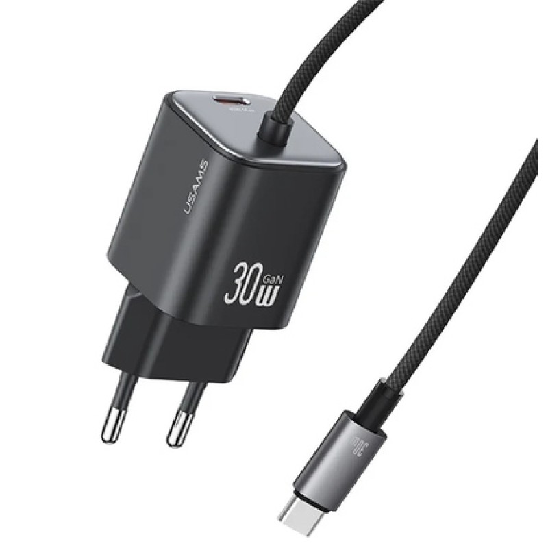USAMS φορτιστής τοίχου CC264 με καλώδιο, USB-C, 30W, GaN, μαύρος