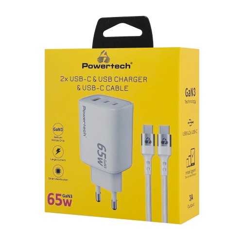 POWERTECH φορτιστής τοίχου PT-1415 με καλώδιο, USB/2x USB-C, 65W, GaN, λευκός