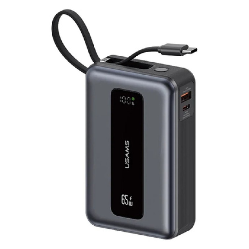 USAMS power bank CD243 με καλώδιο USB-C, 2x θύρες εξόδου, 20000mAh, 65W, γκρι