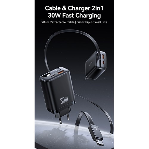 USAMS φορτιστής τοίχου CC296 με καλώδιο, USB & USB-C, 30W, μαύρος