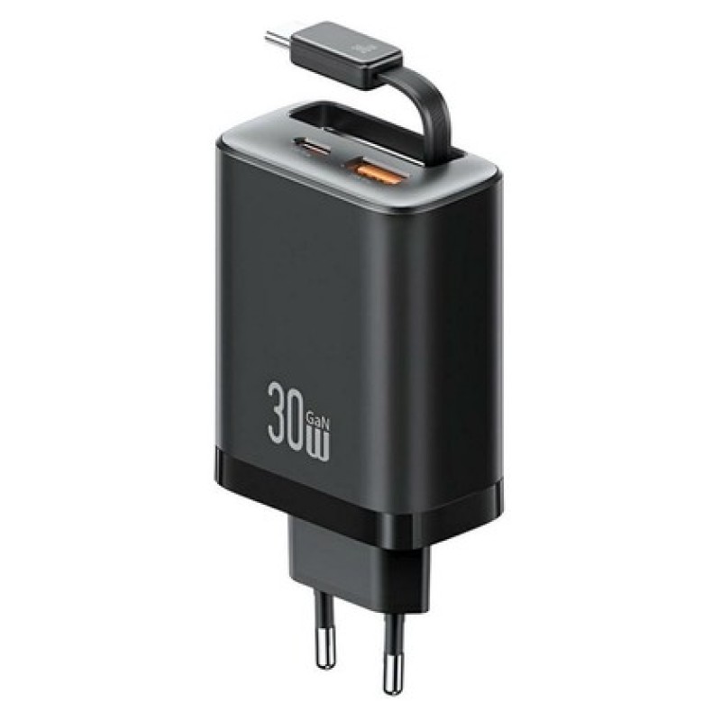 USAMS φορτιστής τοίχου CC296 με καλώδιο, USB & USB-C, 30W, μαύρος