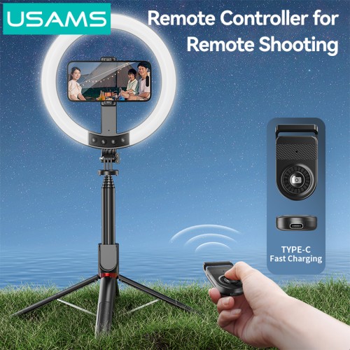 USAMS φωτιστικό δαχτυλίδι LED ZB323 με τρίποδο & βάση smartphone, μαύρο