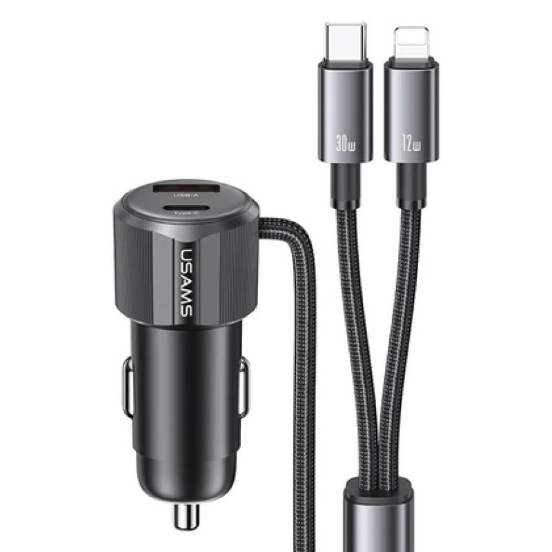 USAMS φορτιστής αυτοκινήτου CC287 με 2 σε 1 καλώδιο, USB/USB-C θύρες, 66W, μαύρος