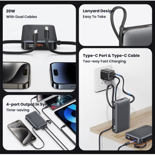 USAMS power bank CD228 με 2x καλώδια, 2x θύρες εξόδου, 10000mAh, 20W, γκρι