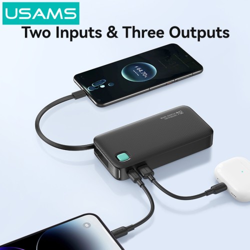 USAMS power bank CD224 με καλώδιο USB-C, 2x θύρες εξόδου, 10000mAh, 20W, λευκό