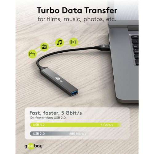 GOOBAY USB hub 74456, 4x θυρών, USB 3.2, 5Gbps, USB σύνδεση, γκρι