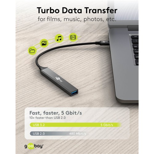 GOOBAY USB hub 74458, 4x θυρών, USB 3.2, 5Gbps, USB σύνδεση, γκρι