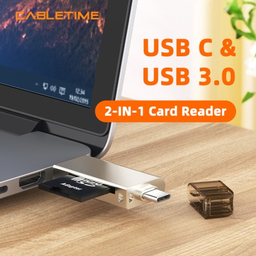 CABLETIME card reader CT-ACMCD2-ZG για SD & micro SD, USB/USB-C σύνδεση, 5Gbps, γκρι