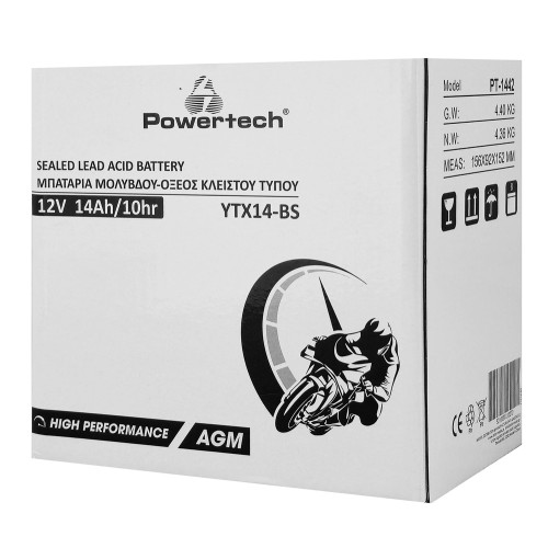 POWERTECH μπαταρία μολύβδου μοτοσυκλέτας PT-1442, 12V 14Ah, AGM, YTX14-BS