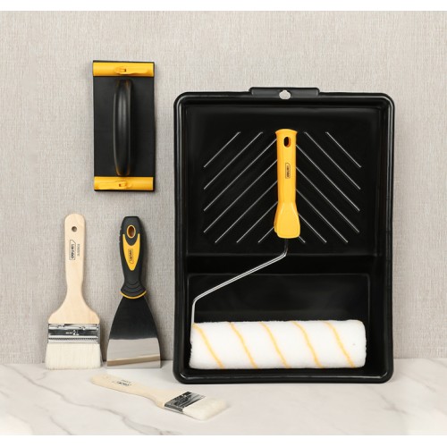 DELI σετ βαφής DL528006, ρολό/2x πινέλα/σπάτουλα/γυαλοχαρτιέρα/σκάφη, 6τμχ