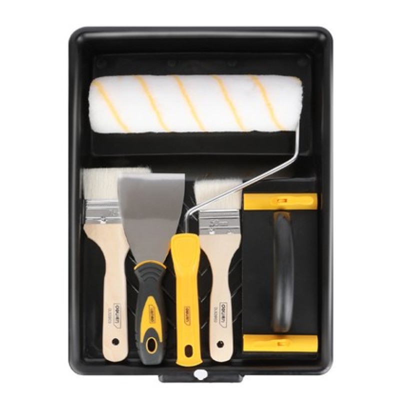 DELI σετ βαφής DL528006, ρολό/2x πινέλα/σπάτουλα/γυαλοχαρτιέρα/σκάφη, 6τμχ