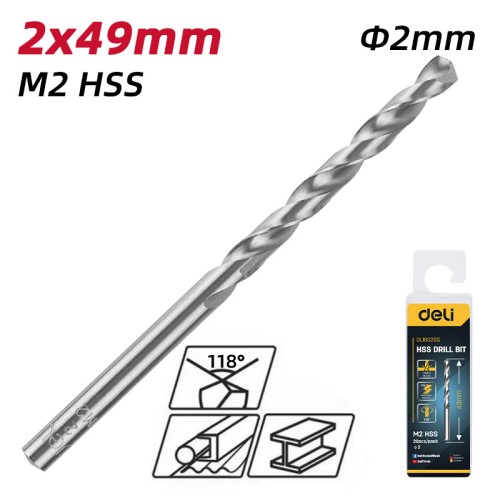 DELI σετ τρυπάνια DL16020G για μέταλλο, M2 HSS, 2x49mm, κυλινδρικό, 20τμχ