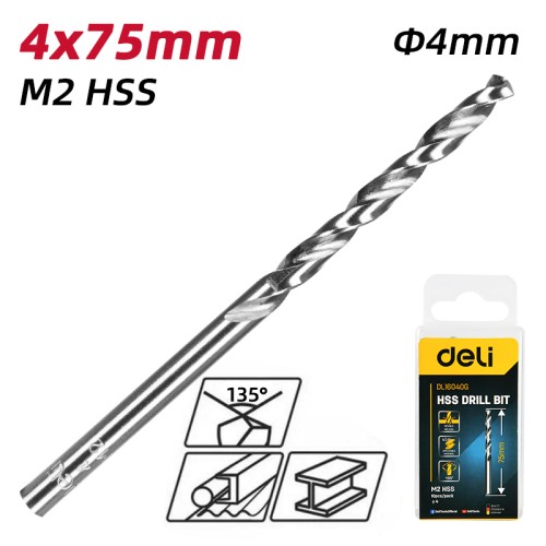 DELI σετ τρυπάνια DL16040G για μέταλλο, M2 HSS, 4x75mm, κυλινδρικό, 10τμχ
