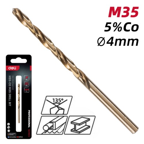 DELI τρυπάνι DH-MHZ040-E2 για μέταλλο, M35 HSS 5% κοβαλτίου, DIN 388, 4x75mm, κυλινδρικό