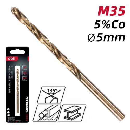 DELI τρυπάνι DH-MHZ050-E2 για μέταλλο, M35 HSS 5% κοβαλτίου, DIN 388, 5x86mm, κυλινδρικό