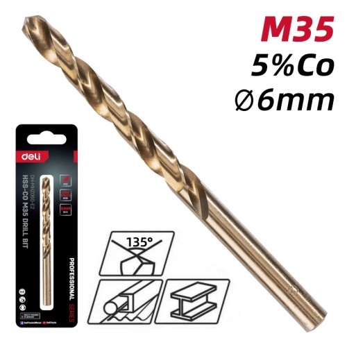 DELI τρυπάνι DH-MHZ060-E2 για μέταλλο, M35 HSS 5% κοβαλτίου, DIN 388, 6x93mm, κυλινδρικό