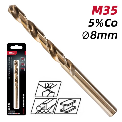 DELI τρυπάνι DH-MHZ080-E2 για μέταλλο, M35 HSS 5% κοβαλτίου, DIN 388, 8x117mm, κυλινδρικό