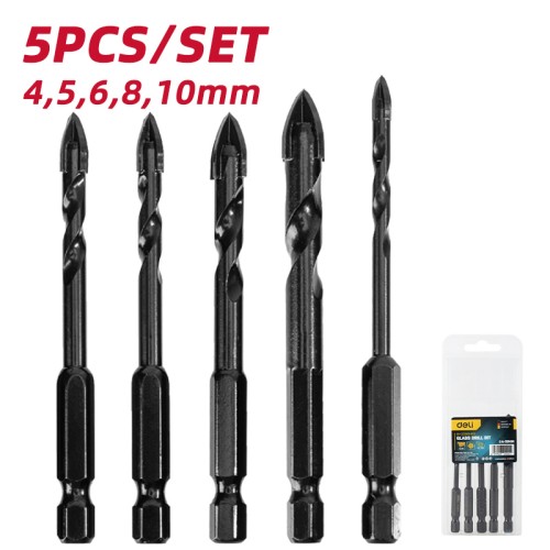 DELI σετ τρυπάνια DH-CZZ005-ED2 για γυαλί, 40Cr YG6X, 4/5/6/8/10mm, εξάγωνο, 5τμχ