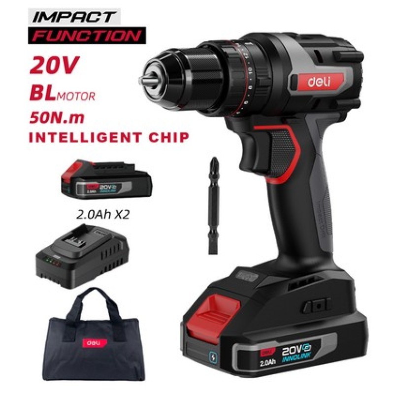 DELI κρουστικό δραπανοκατσάβιδο μπαταρίας DE-CZ20-2D2, Brushless, 20V, 2x 2Ah, 50N.m