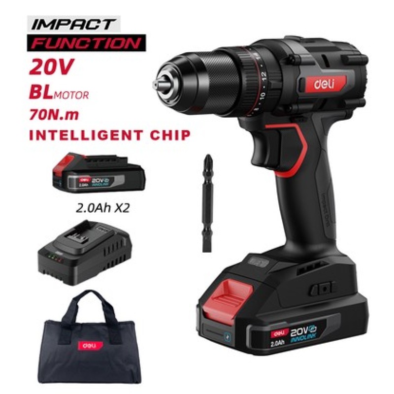 DELI κρουστικό δραπανοκατσάβιδο μπαταρίας DE-CZ20-1D2, Brushless, 20V, 2x 2Ah, 70N.m