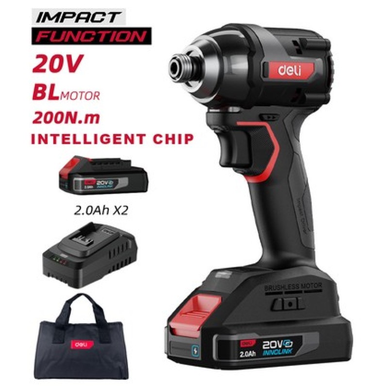 DELI παλμικό κατσαβίδι μπαταρίας DE-QZ20-1D2, Brushless, 20V, 2x 2Ah, 200N.m