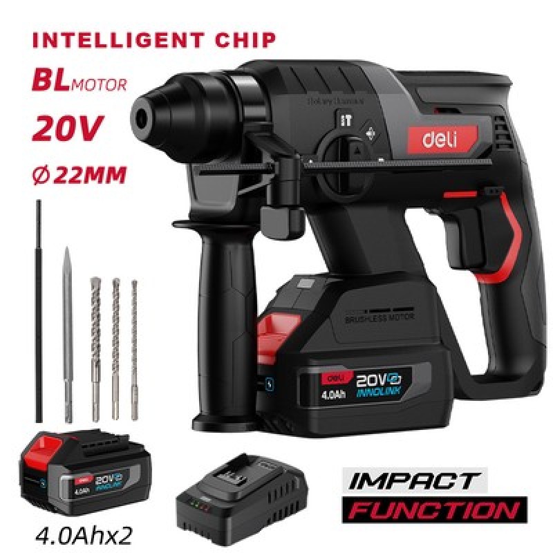 DELI κρουστικό σκαπτικό μπαταρίας DE-DC20-2D4, Brushless, 20V, 2x 4Ah, 2J