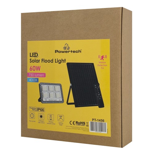 POWERTECH LED ηλιακός προβολέας PT-1456 με τηλεχειριστήριο, αισθητήρας κίνησης, 60W, 4000K, 750lm, IP66