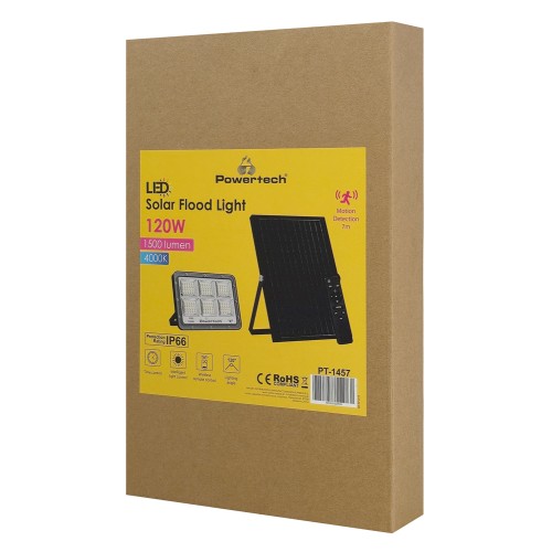 POWERTECH LED ηλιακός προβολέας PT-1457 με τηλεχειριστήριο, αισθητήρας κίνησης, 120W, 4000K, 1500lm, IP66